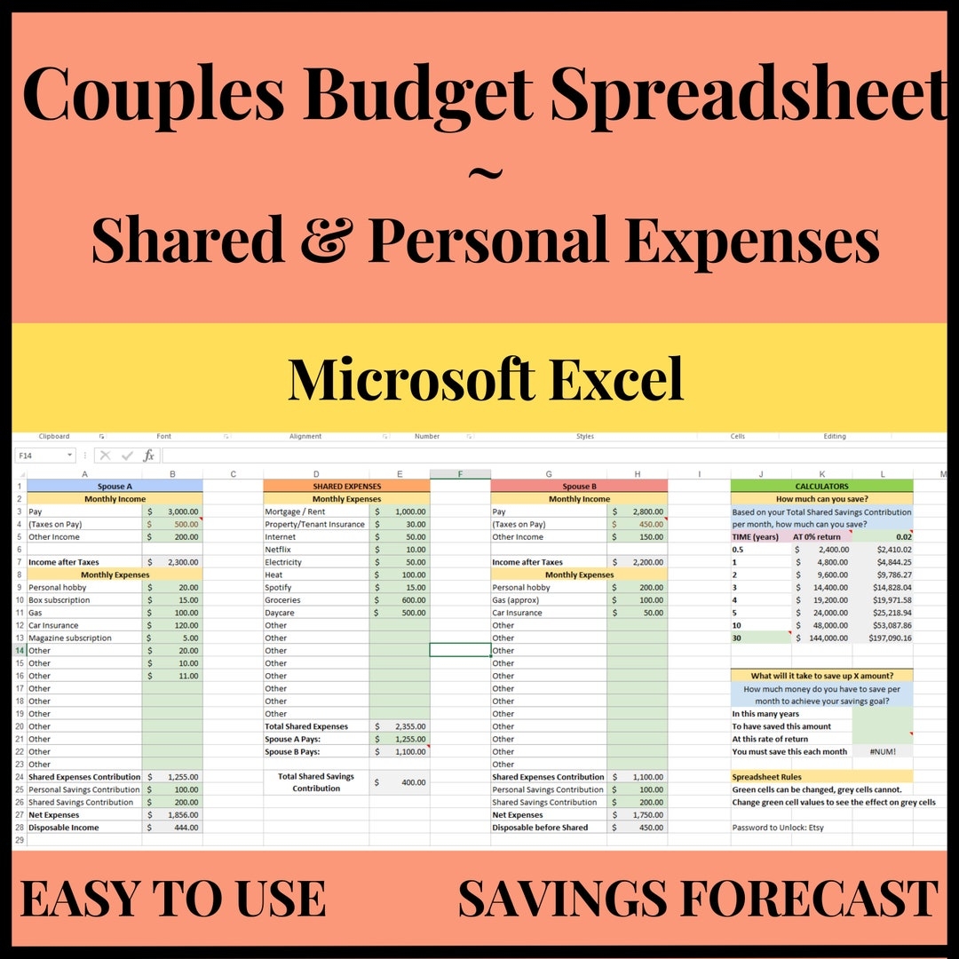 Couples Budget Spreadsheet Shared And Personal Expense Tracker Savings Forecast U0026 Formulas Digital Download Etsy