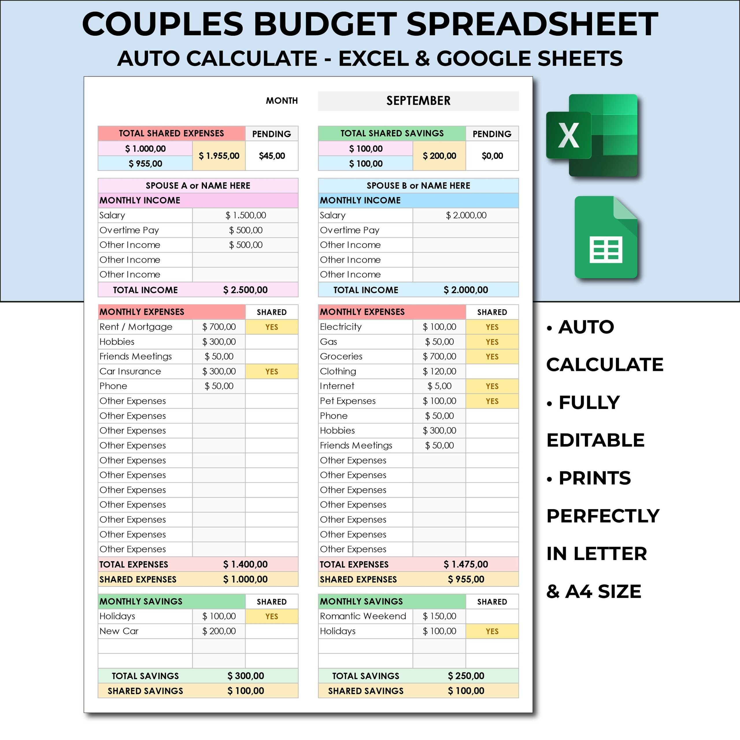 Couples Budget Spreadsheet Template Monthly Shared U0026 Personal 