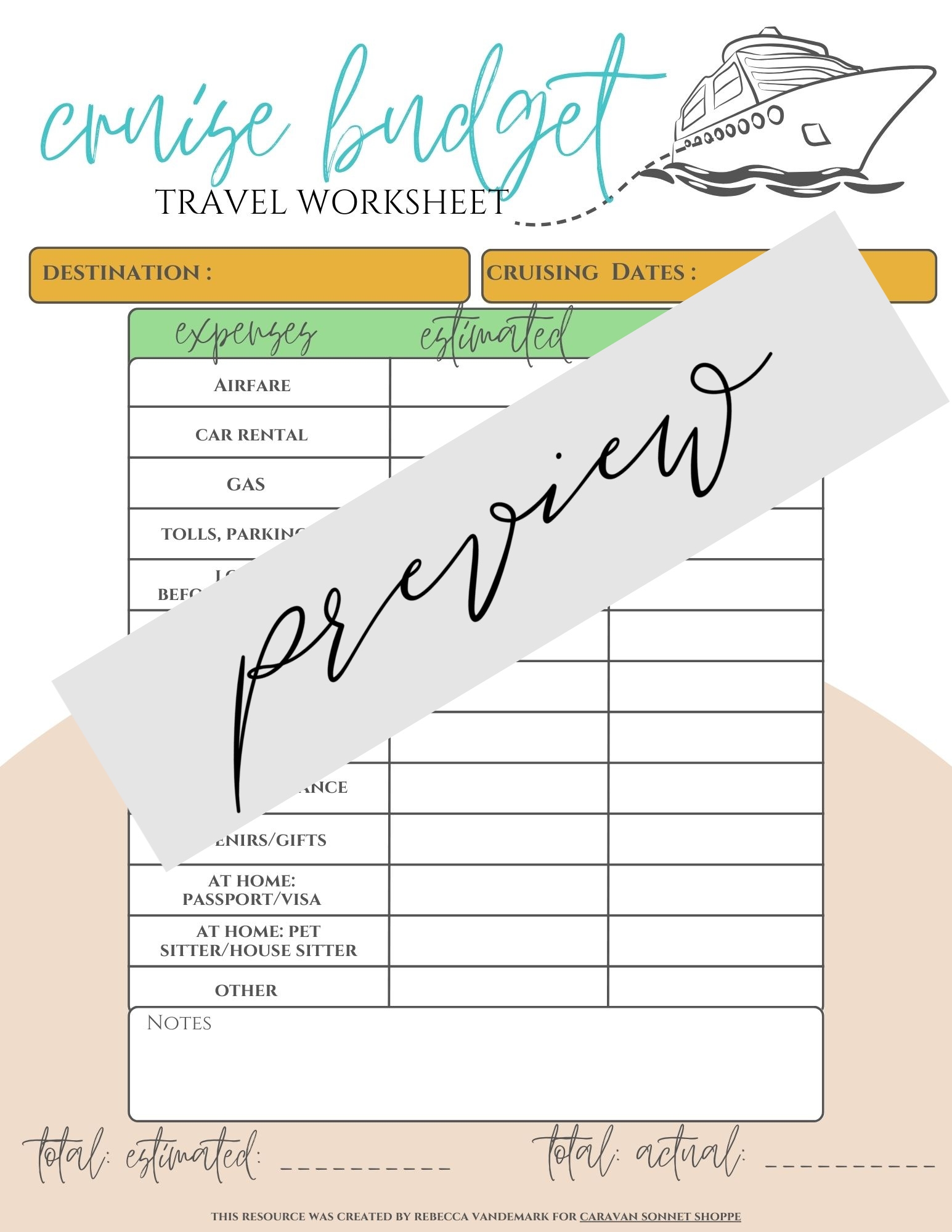 Cruise Budget Vacation Worksheet Personal Finance caravan Sonnet Shoppe Caravan Sonnet