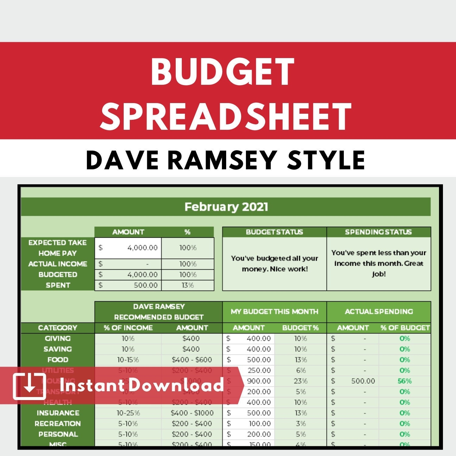 Dave Ramsey Budget Planner Budgeting Spreadsheet Calculator 