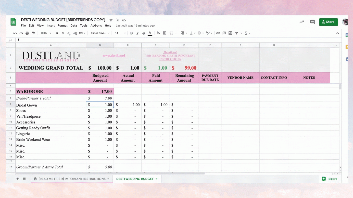 Destination Wedding Budget Template