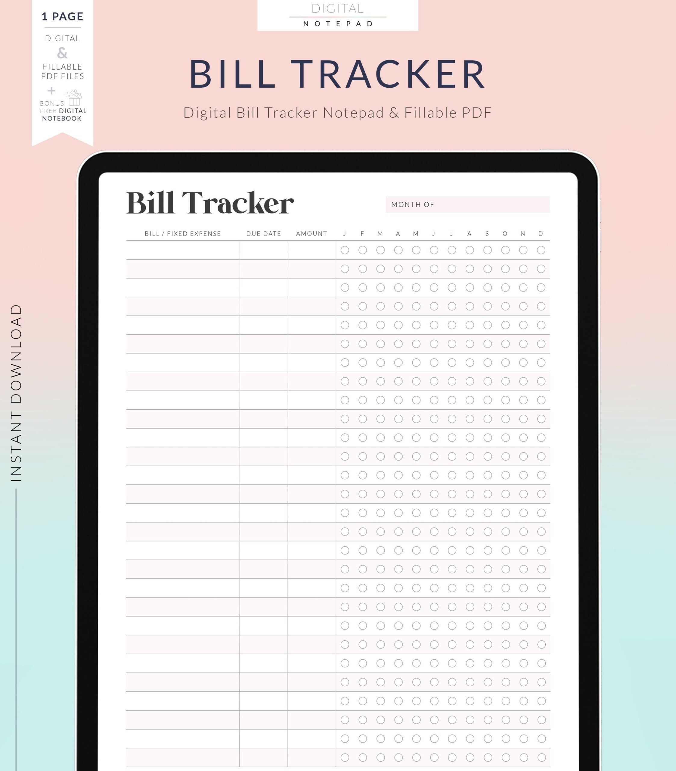 Digital Bill Tracker For Goodnotes Bill Pay Checklist Organizer 