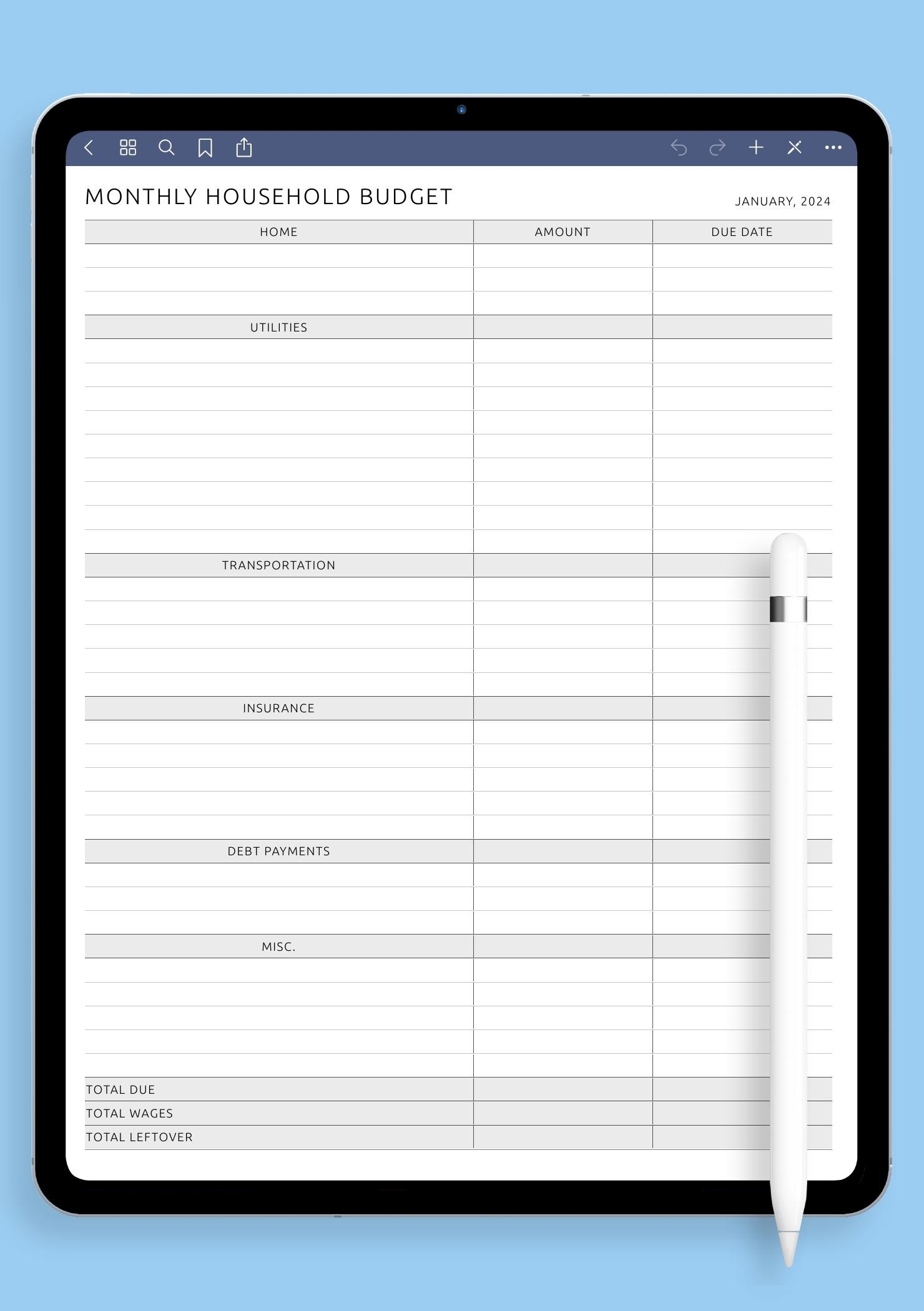 Blank Household Budget Template