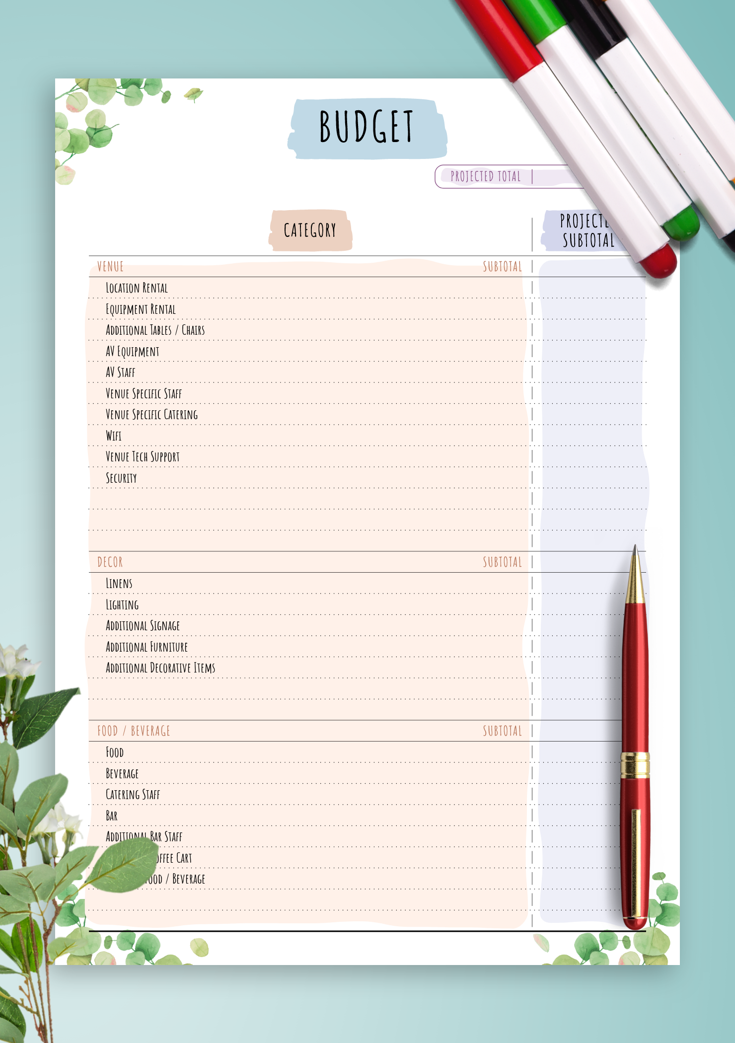 Download Printable Party Budget Template Floral Style PDF