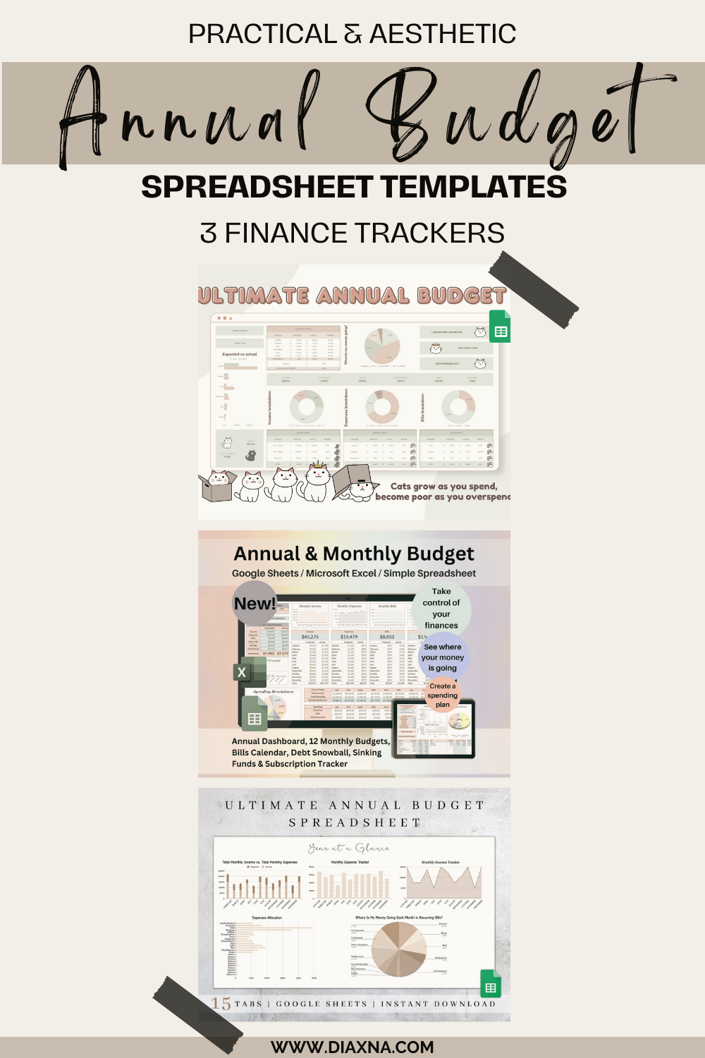 Effortless Finance Management Top 3 Annual Budget Tracker Aesthetic Spreadsheet Templates For Smart Budgeting And Effective Financial Planning DIAxNA