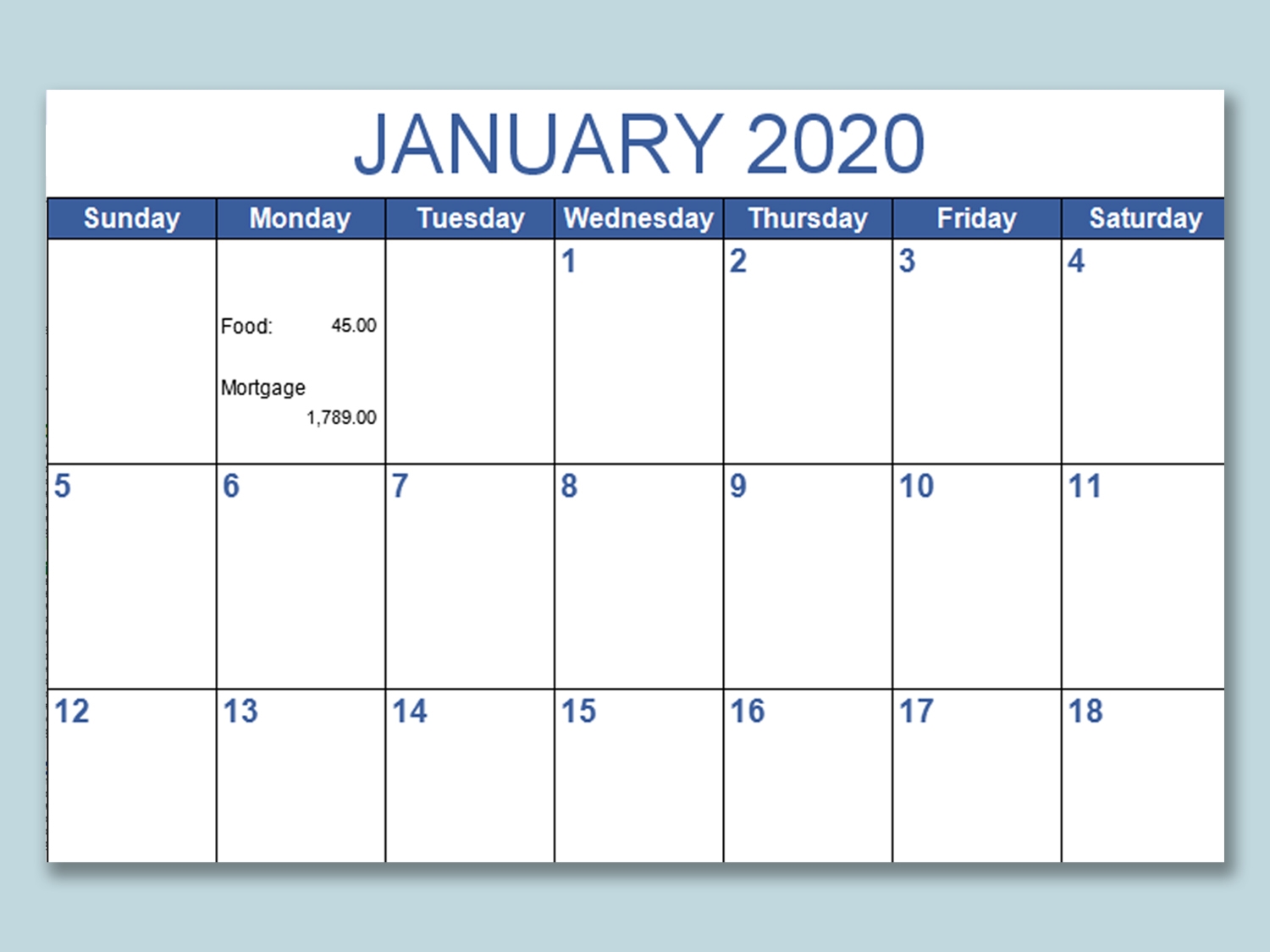Monthly Budget Calendar Template