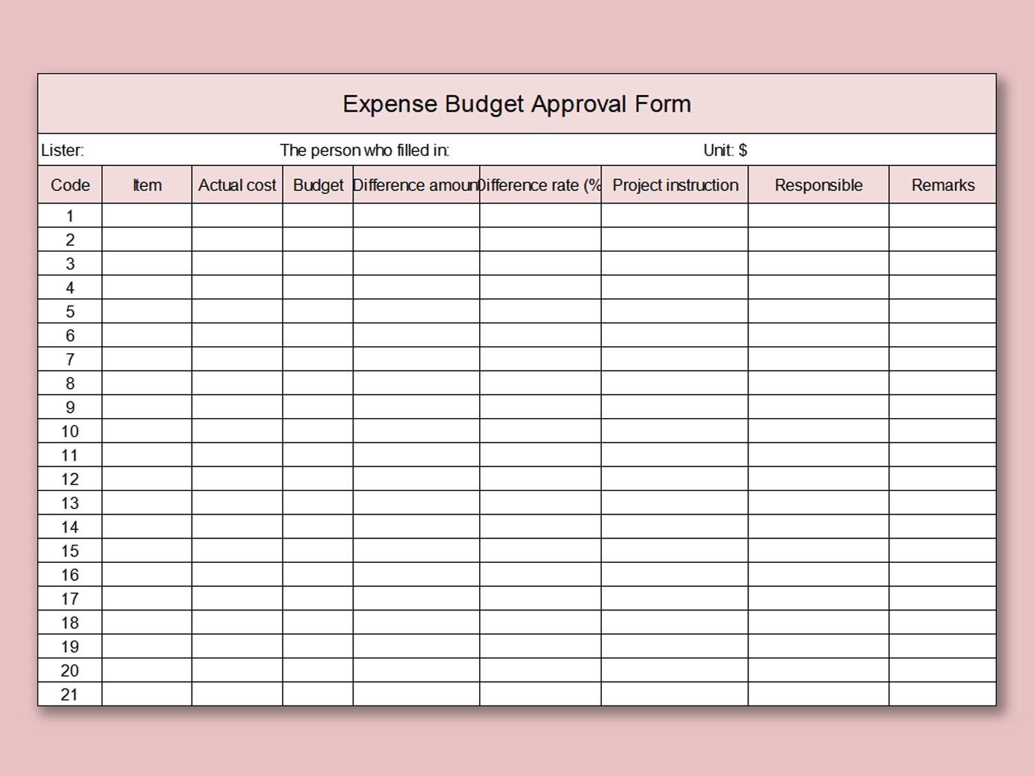 EXCEL Of Pink Expense Budget Approval Form xlsx WPS Free Templates