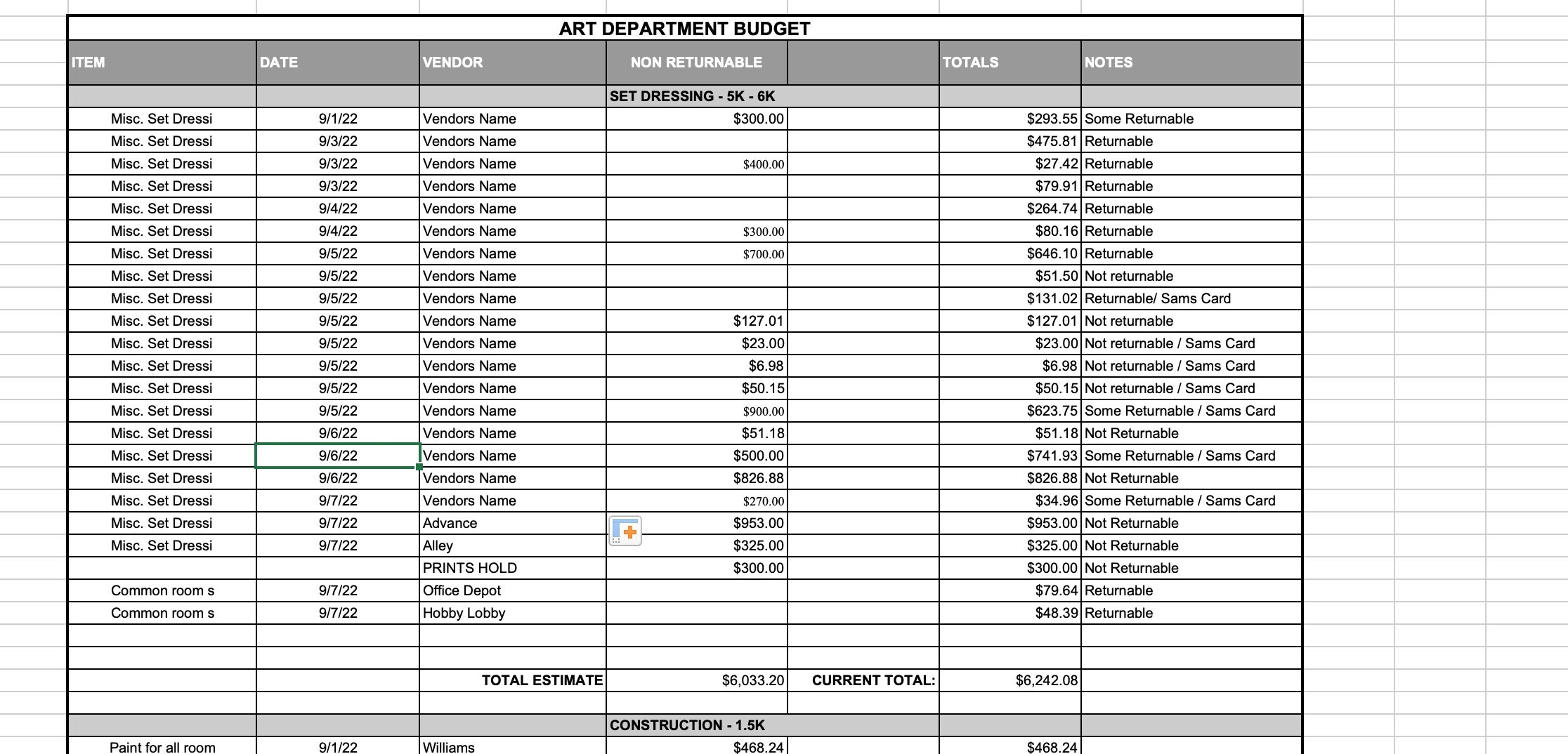 Film Art Budget Template Film Production Art Budget Professional 