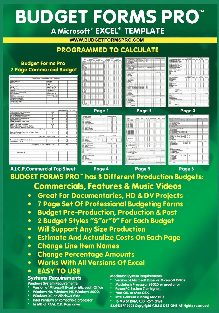 Film Digital AICP Music Video Documentary Easy Use Budget Forms Excel FS