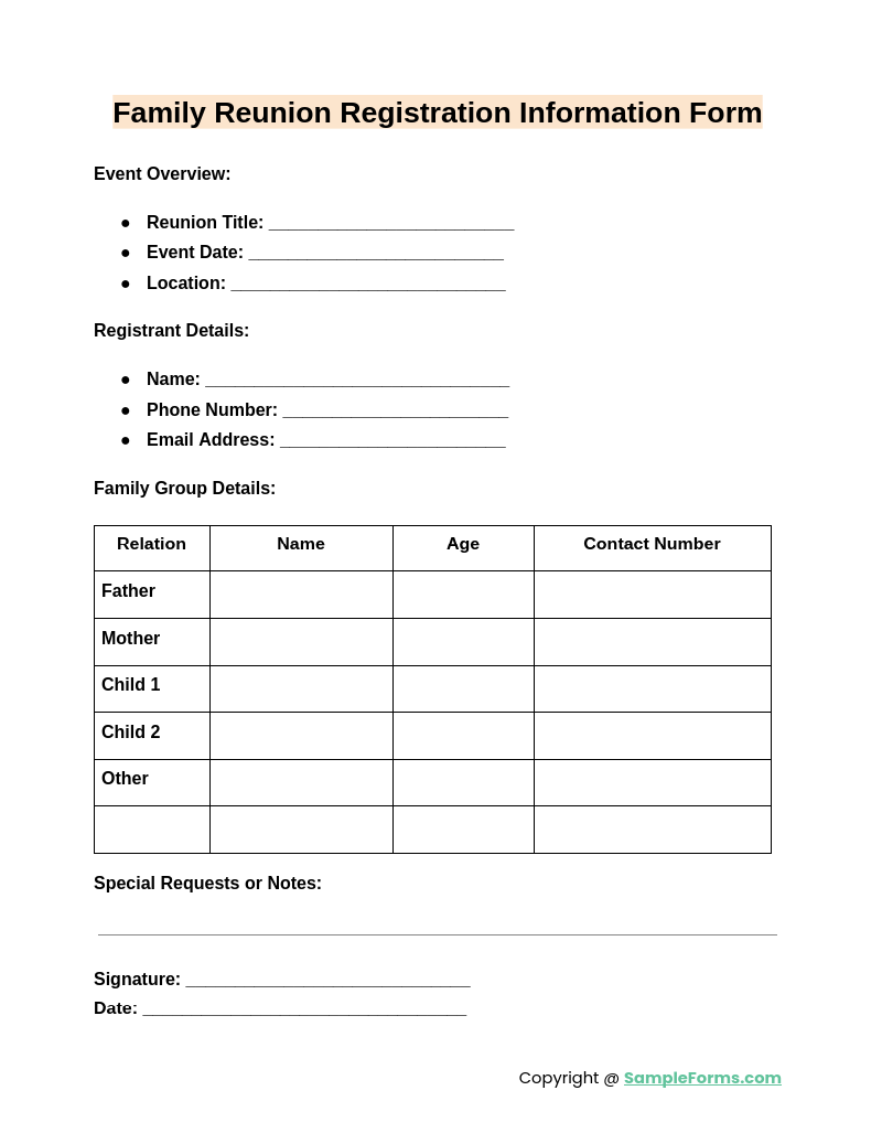 FREE 13 Family Reunion Registration Form Samples PDF MS Word Google Docs Excel