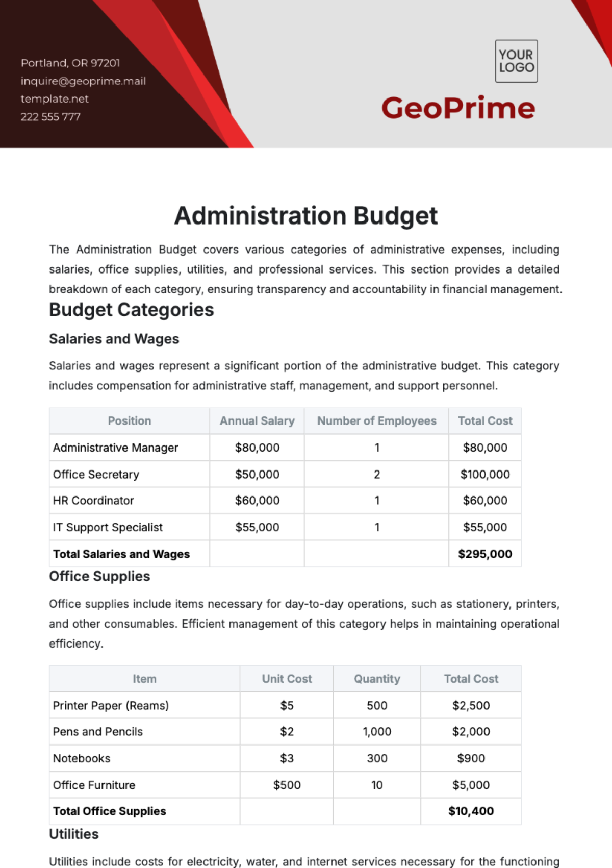 Administration Budget Template