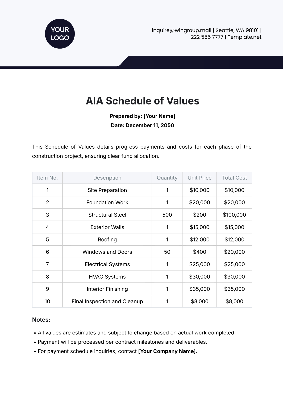 Free AIA Schedule Of Values Template To Edit Online