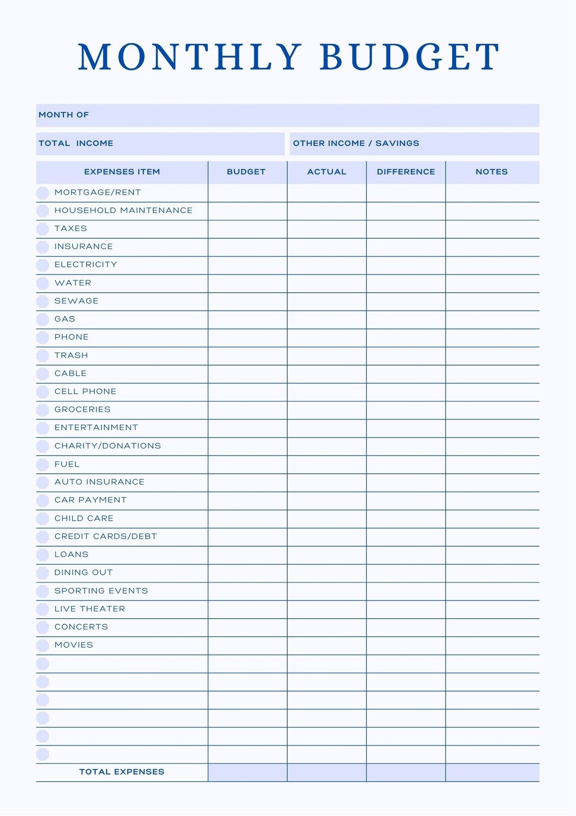 Free Printable Blank Budget Forms