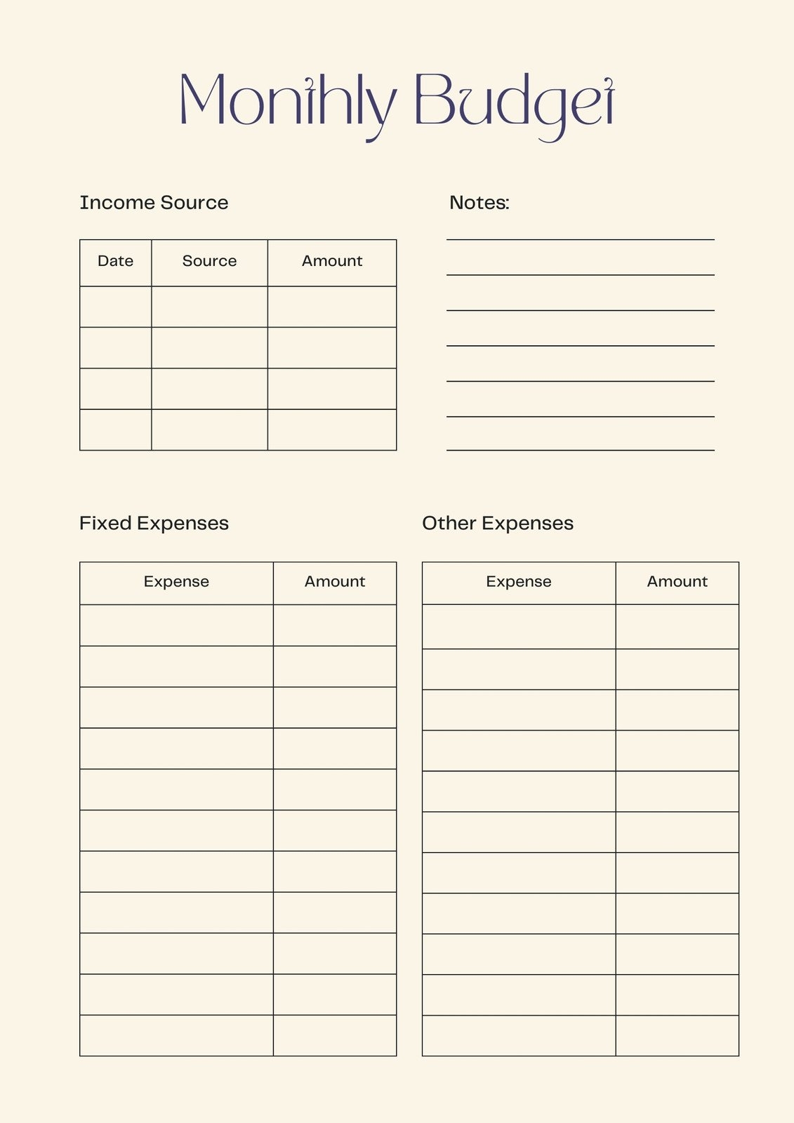 Customizable Monthly Budget Template