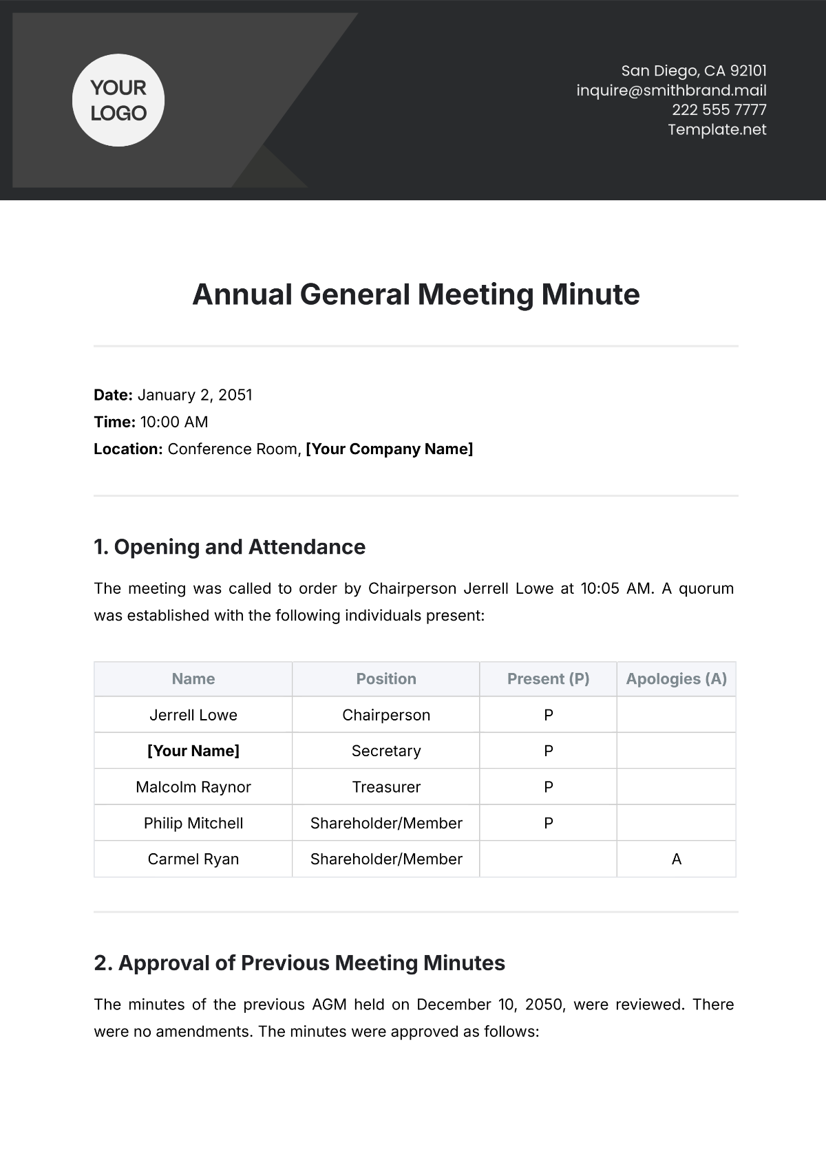 Free Annual General Meeting Minute Template To Edit Online