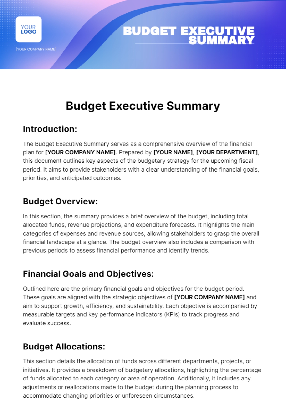 Free Budget Executive Summary Template To Edit Online