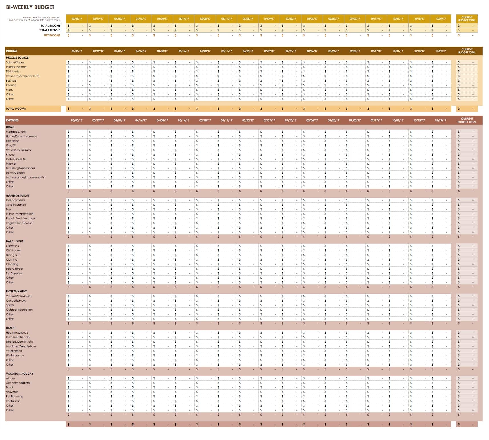 Downloadable Bi Weekly Budget Template