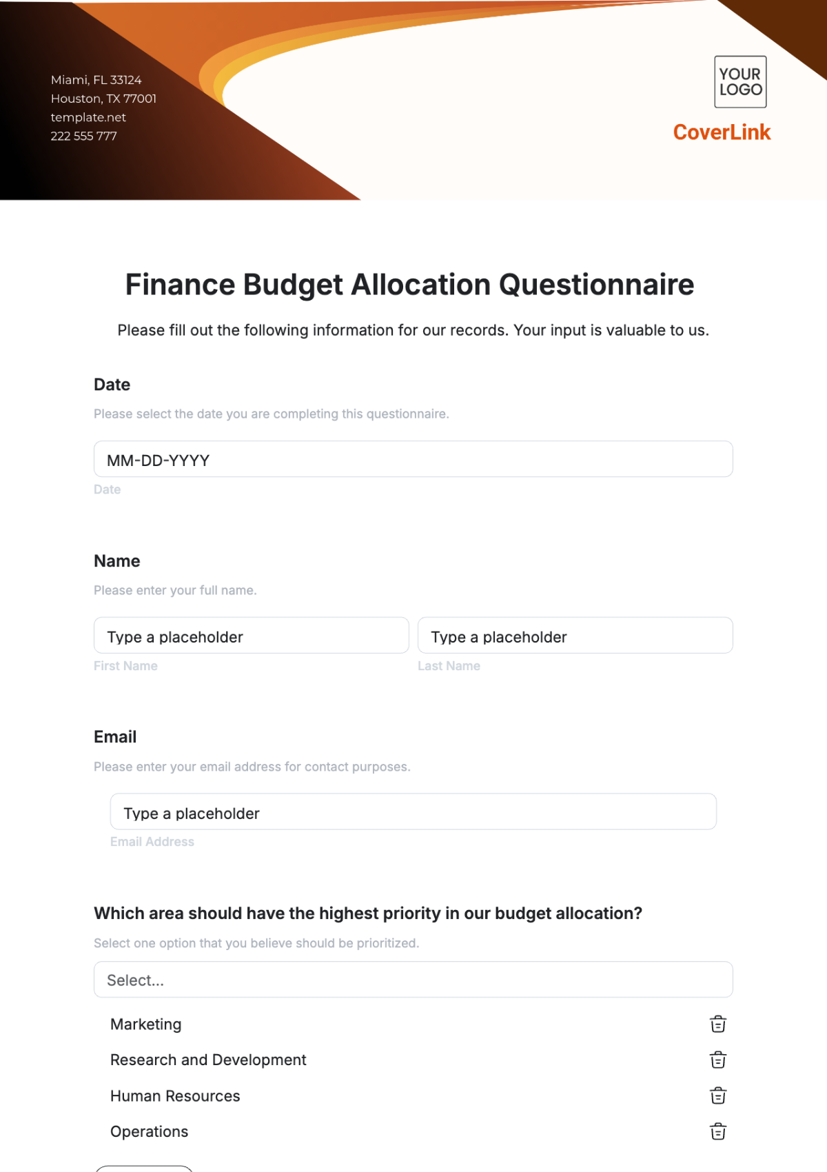 Free Finance Budget Allocation Questionnaire Template To Edit Online