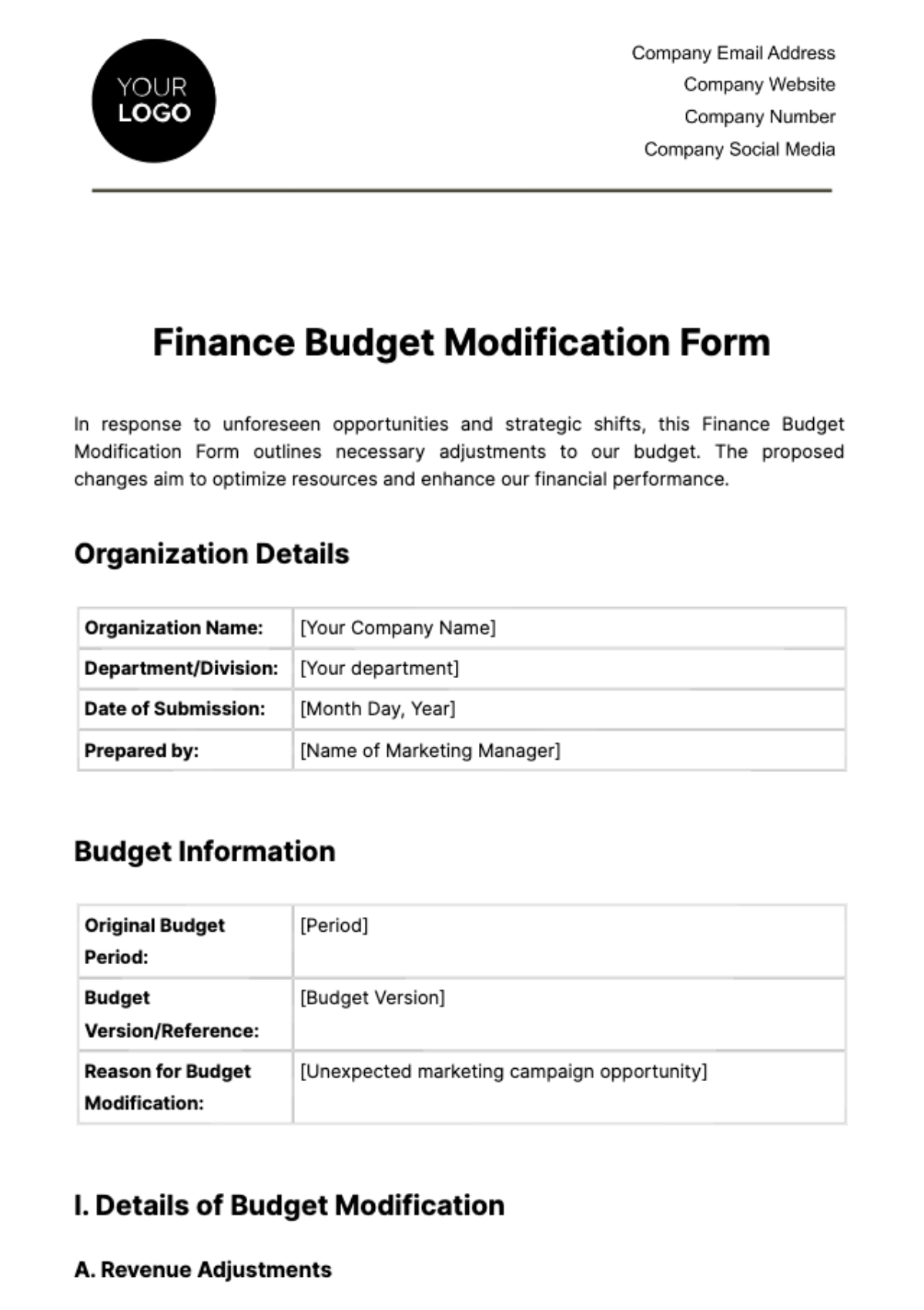 Free Finance Budget Modification Form Template To Edit Online