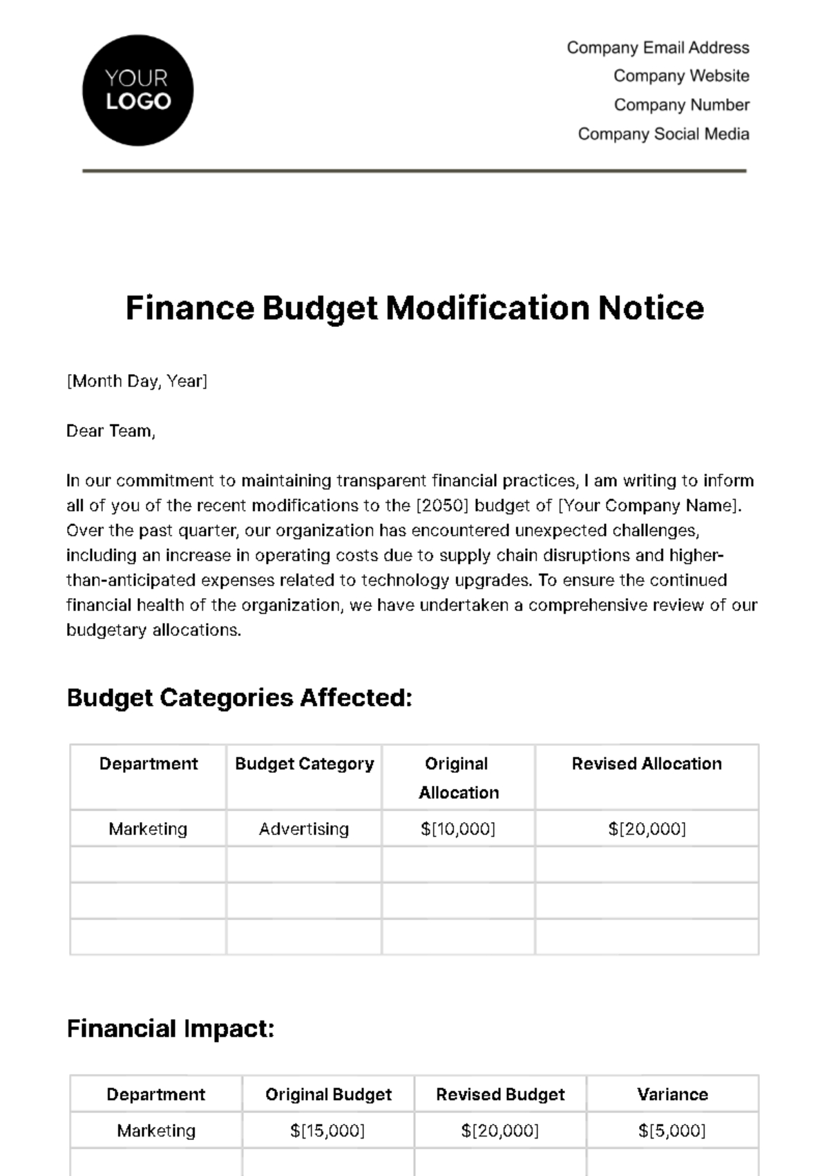 Budget Modification Template