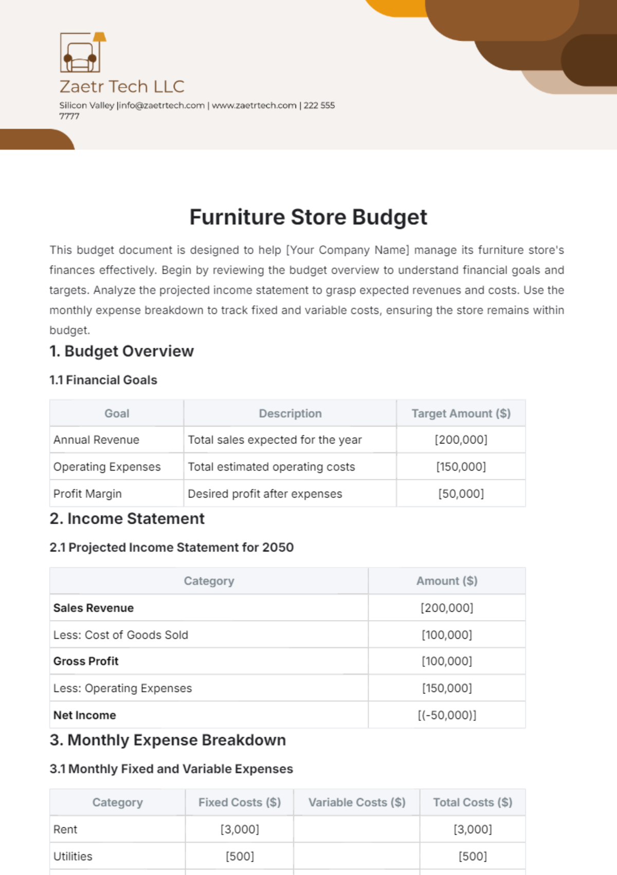 Free Furniture Store Budget Template To Edit Online