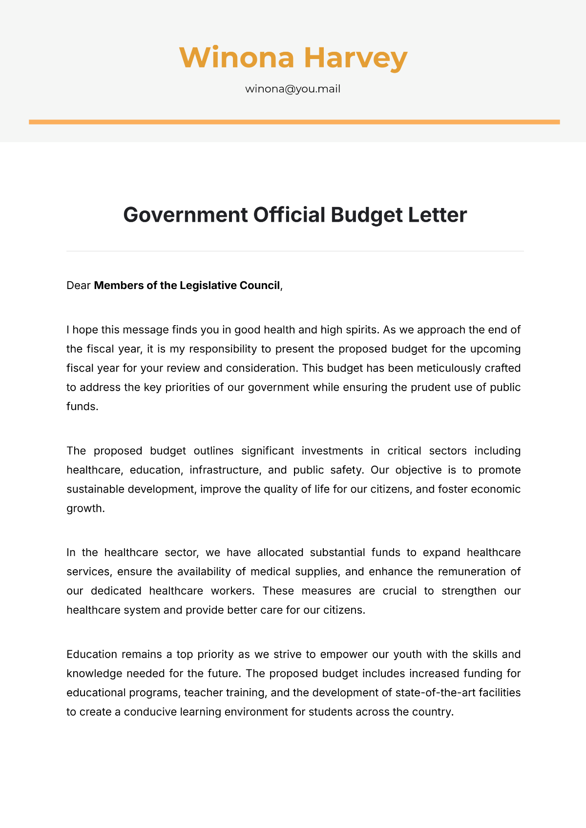 Free Government Official Budget Letter Template To Edit Online