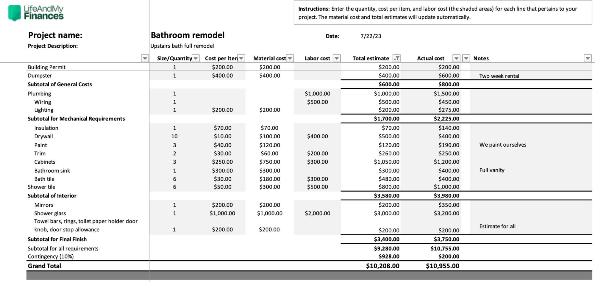 Free Home Renovation Budget Template Excel Download 