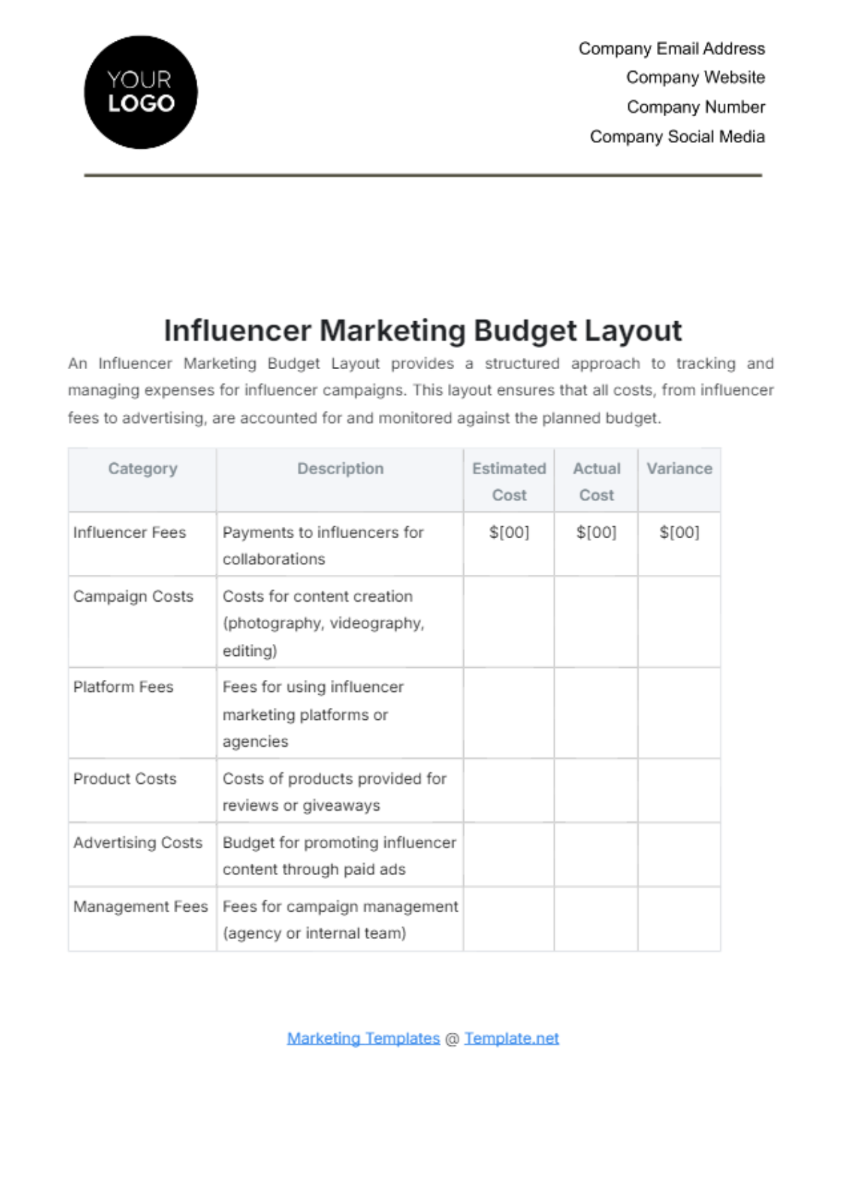 Free Influencer Marketing Budget Layout Template To Edit Online