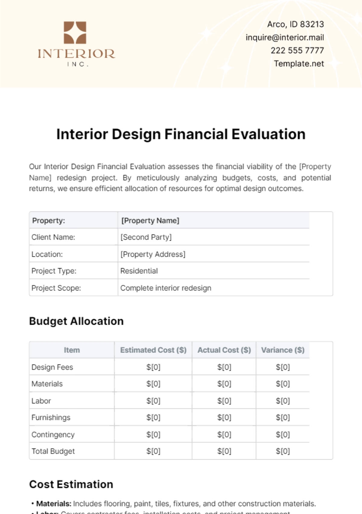 Free Interior Design Budget Template