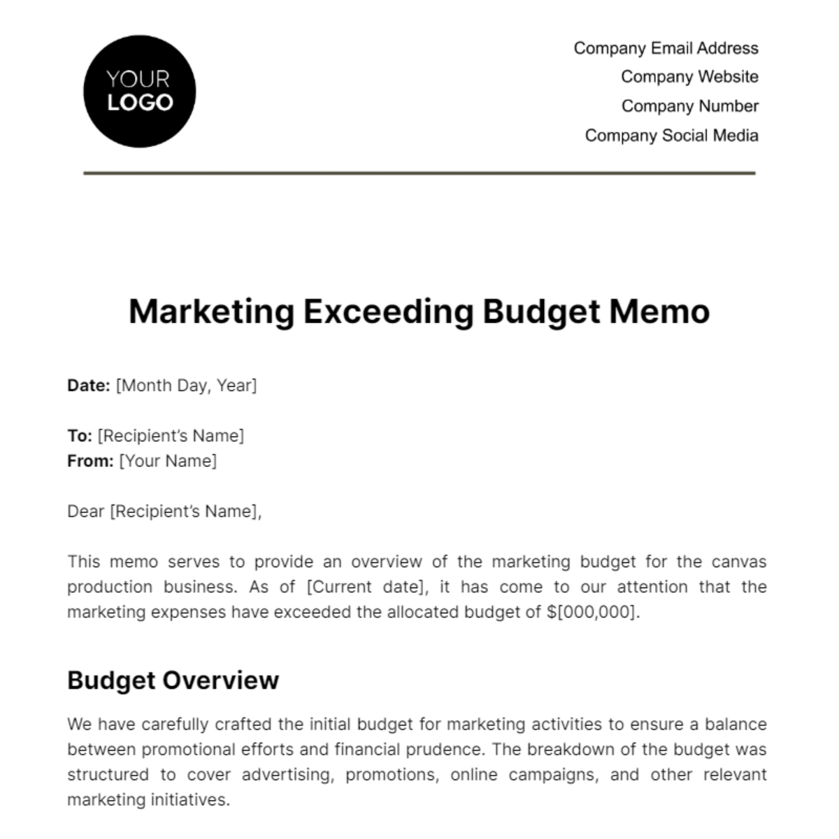 Free Marketing Exceeding Budget Memo Template To Edit Online