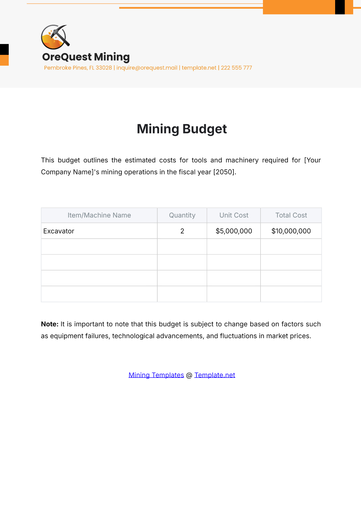 Mining Budget Template
