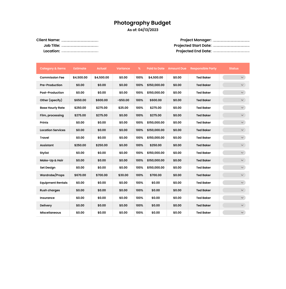 Photography Business Budget Template
