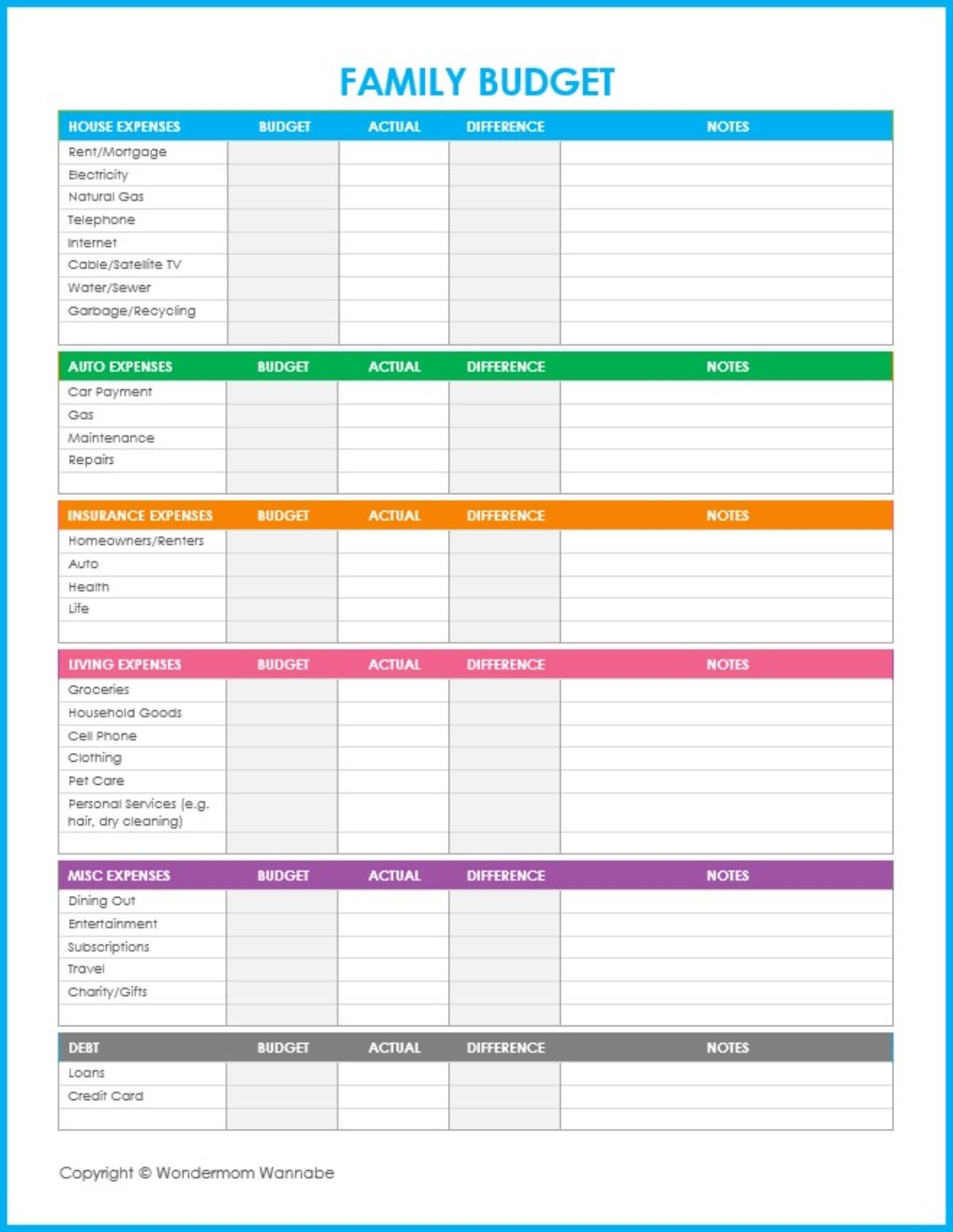 Free Printable Budget Worksheets For Family Finances