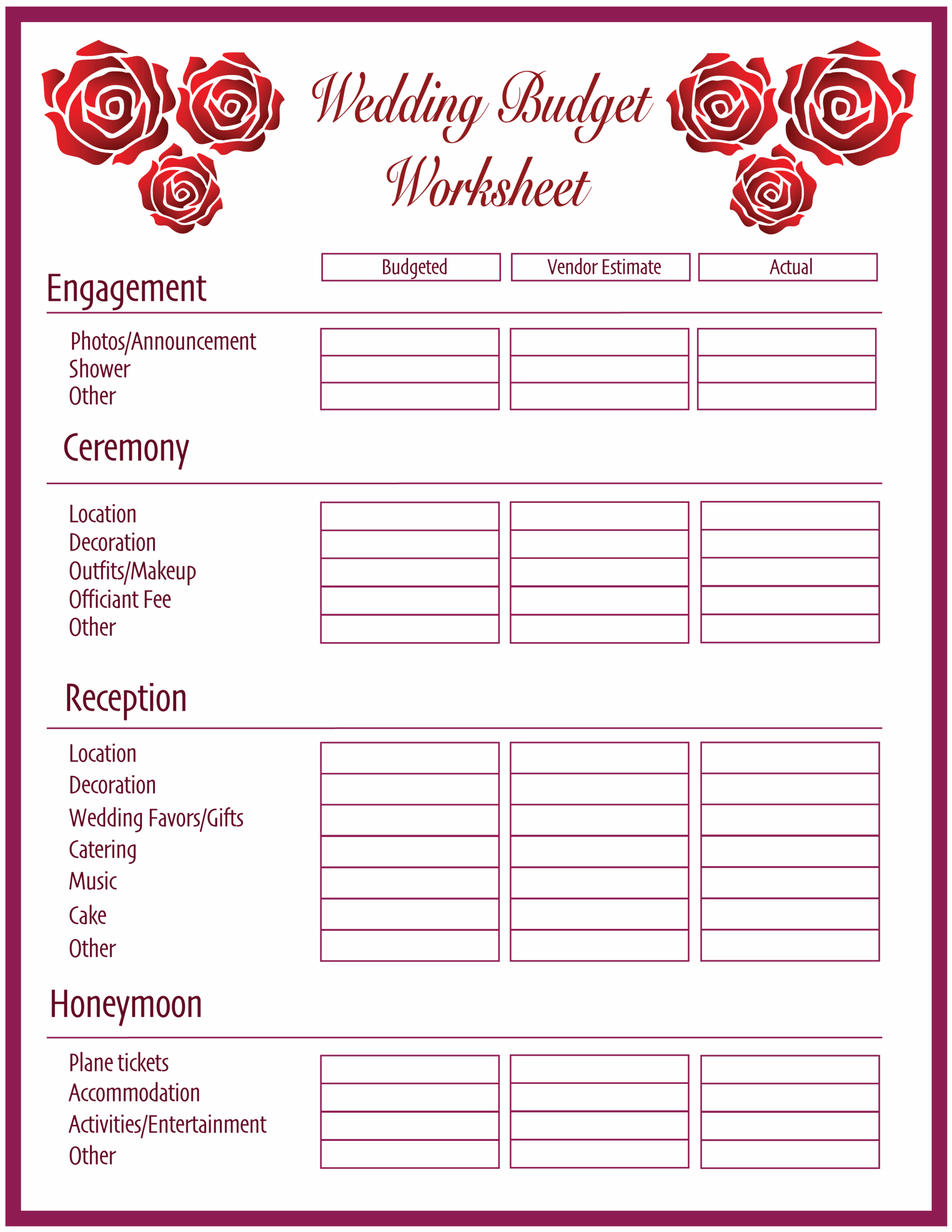 Free Printable Wedding Budget Planner And Worksheet Template Printerfriendly Free Printable Wedding Budget Planner And Worksheet Template Printerfriendly