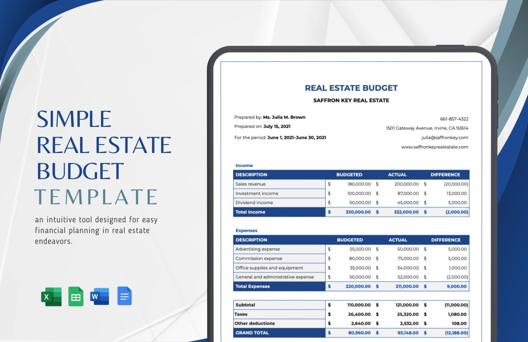 Real Estate Business Budget Template