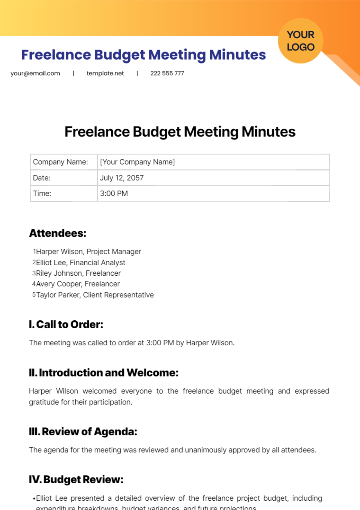Freelance Budget Meeting Minutes Template To Edit Online