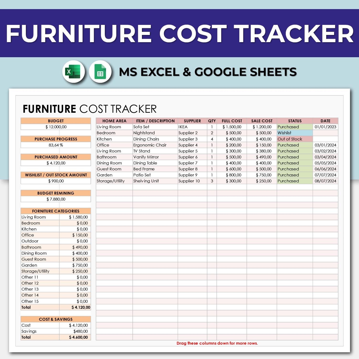 Furniture Cost Tracker Furniture Planner Google Sheets Excel Budget Spreadsheet Template Furniture Budget Home House Renovation Etsy