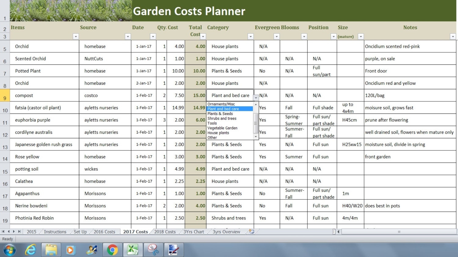 Garden Costs Planner Excel Template Garden Budget Tracker Spreadsheet Plant Log Agenda Journal Etsy