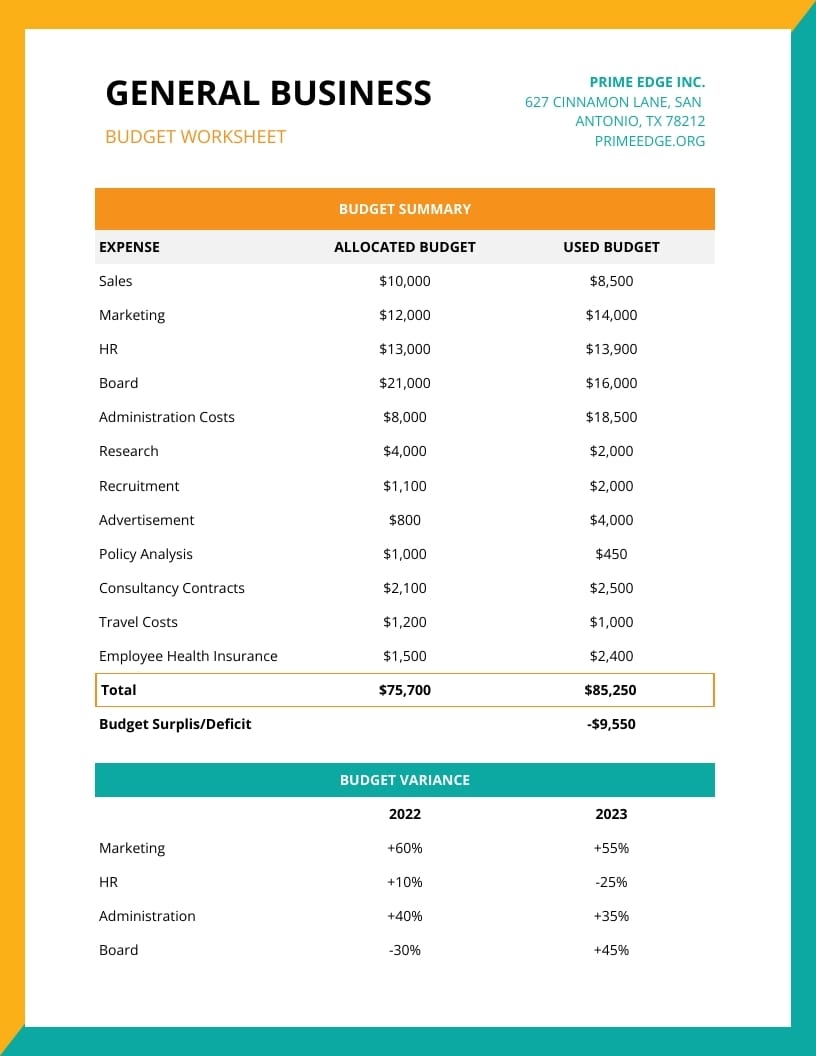 General Business Budget Worksheet Template Visme
