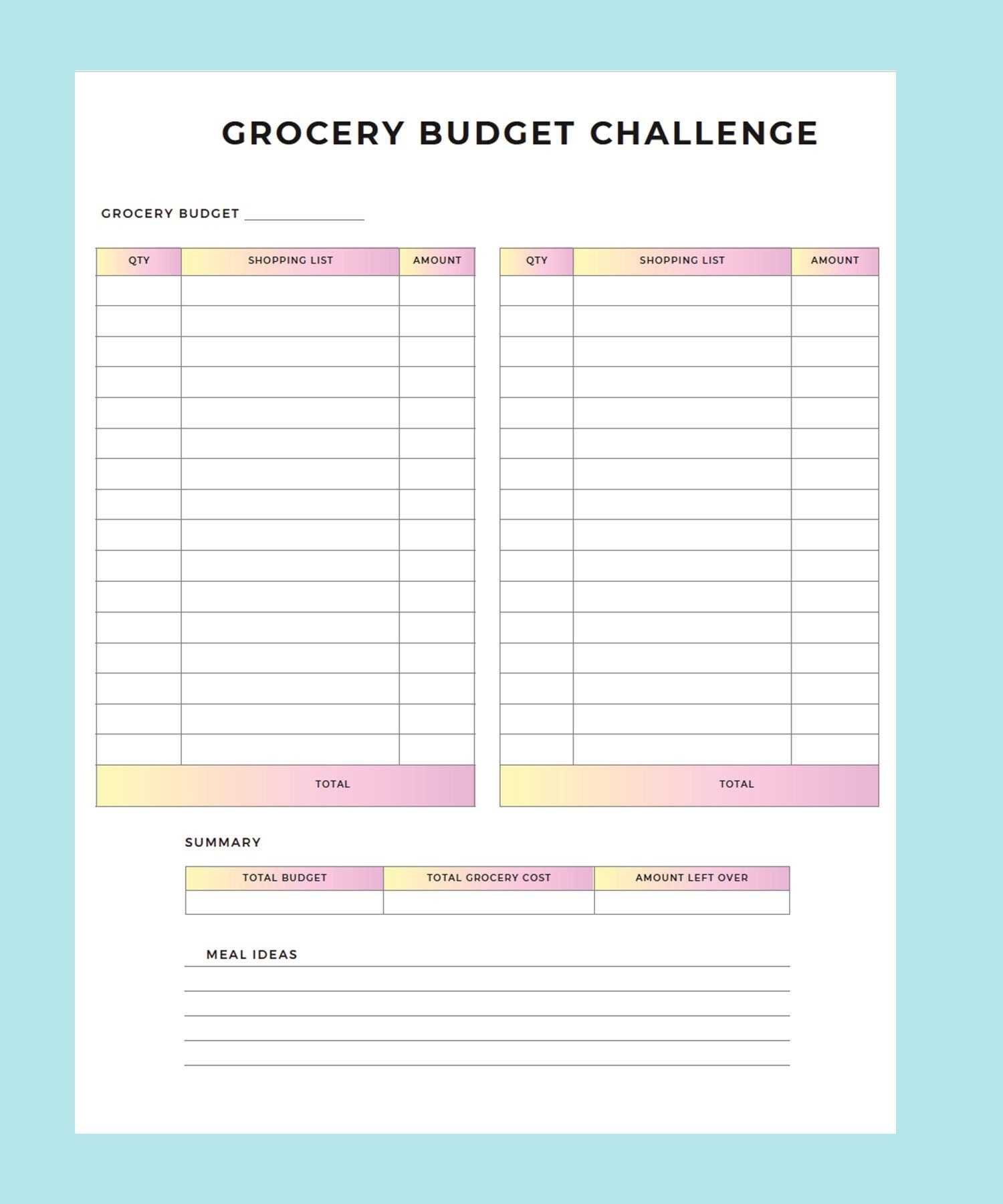 Grocery Budget Challenge Grocery List Printable Template Grocery Planner Food Shopping List Instant Download PDF Etsy