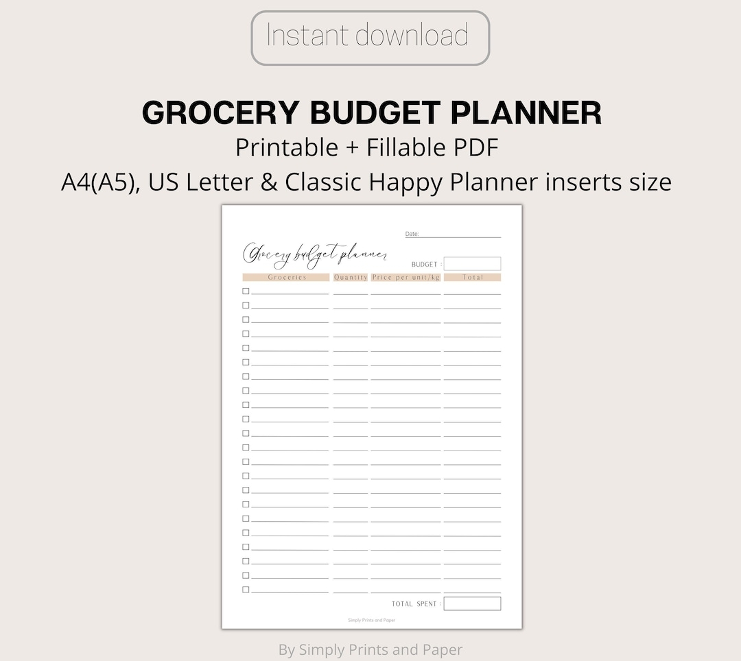 Grocery Budget Planner Printable Food Budget Digital Grocery Budget Planner Fillable PDF A4 US Letter Classic Happy Planner Etsy