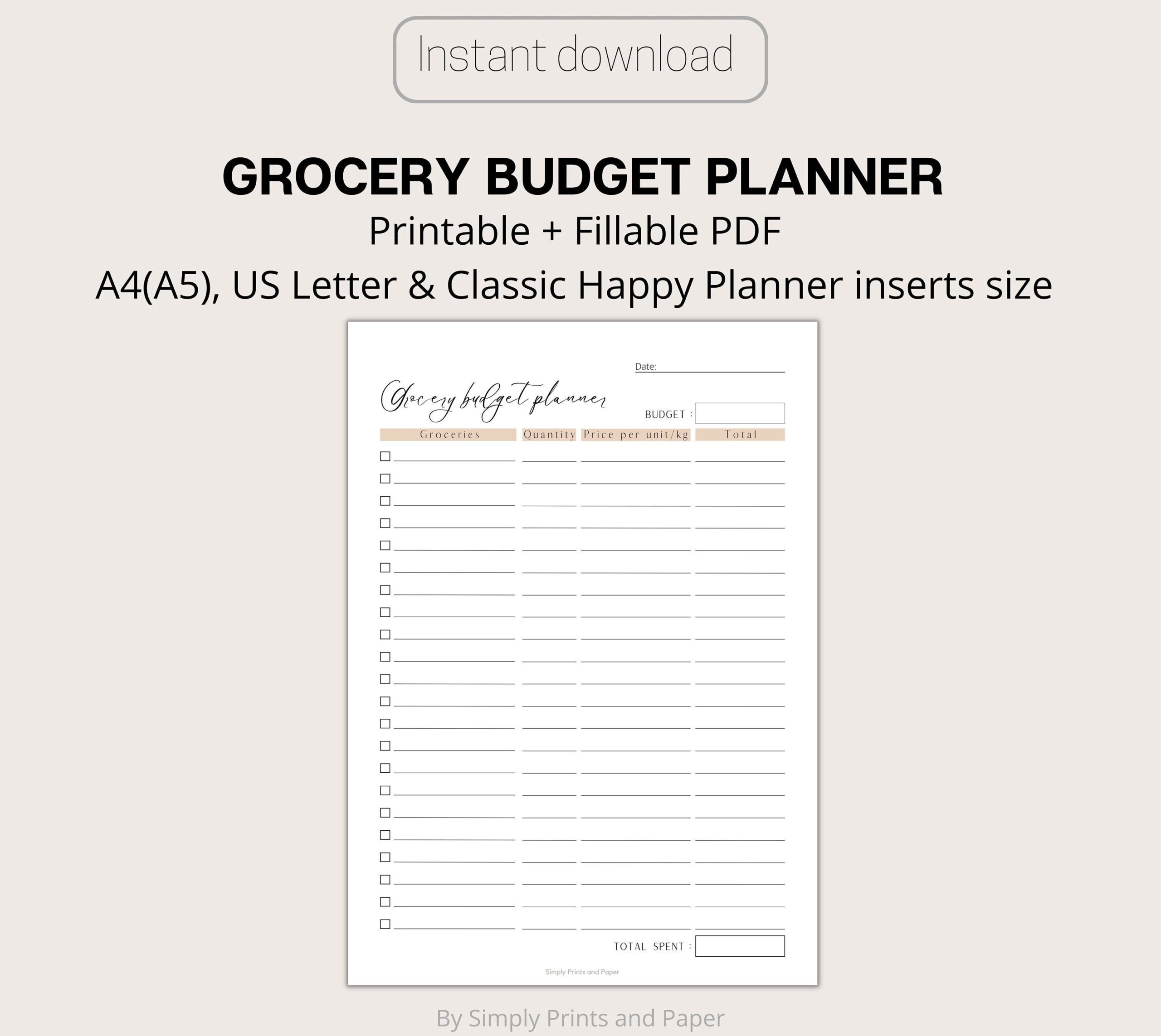 Grocery Budget Planner Printable Food Budget Digital Grocery Budget Planner Fillable PDF A4 US Letter Classic Happy Planner Etsy