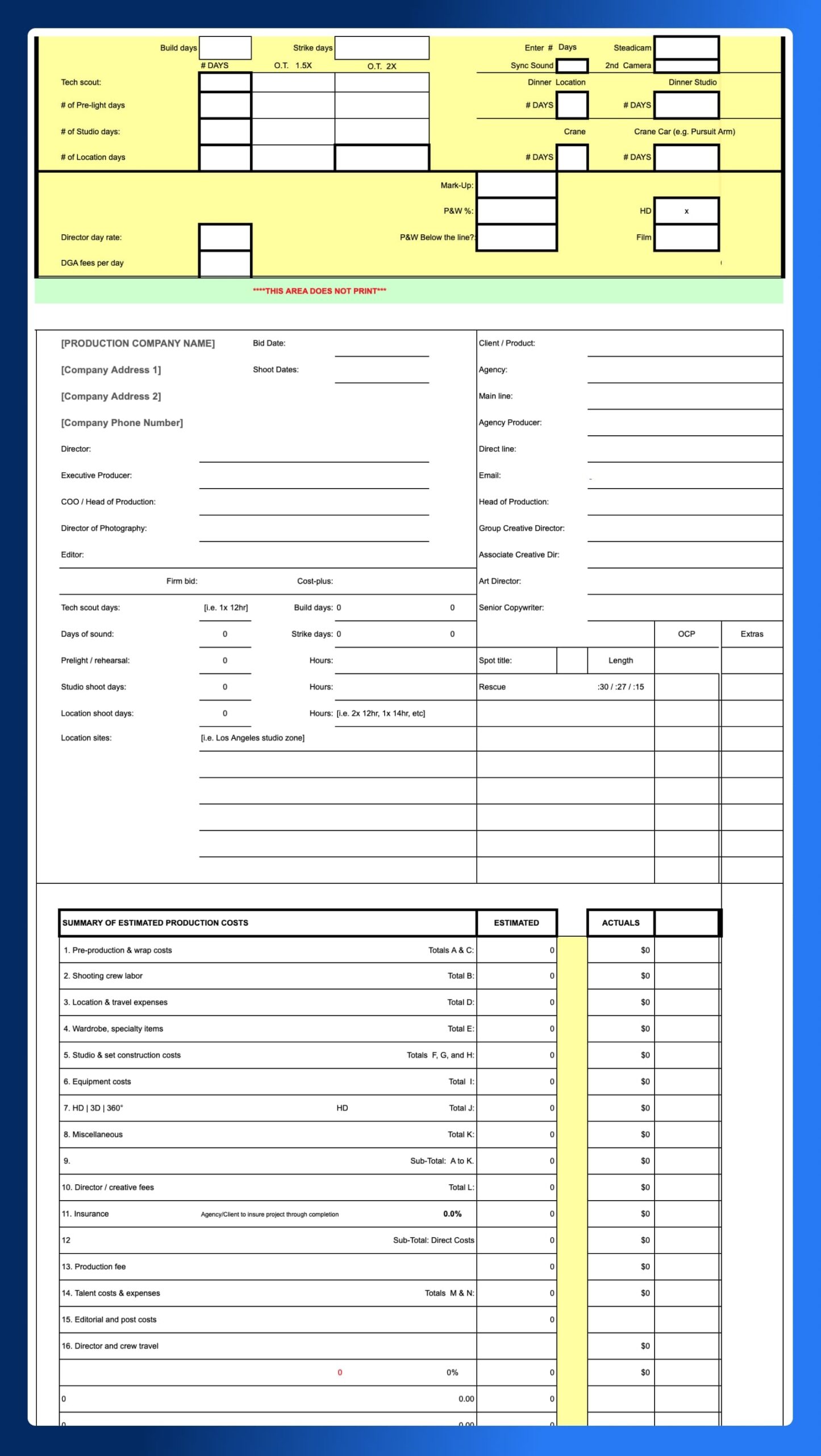 Film Development Budget Template