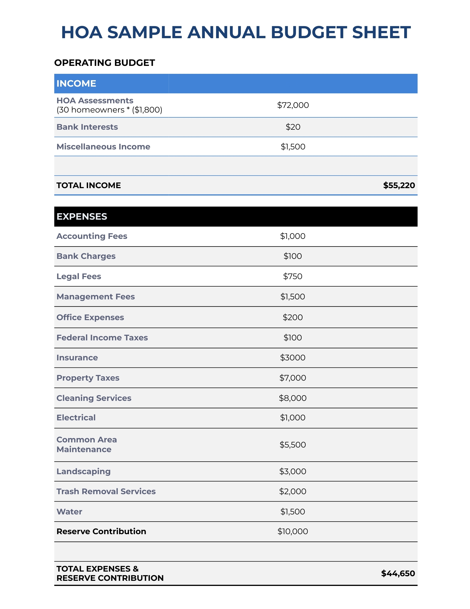 Hoa Annual Budget Template