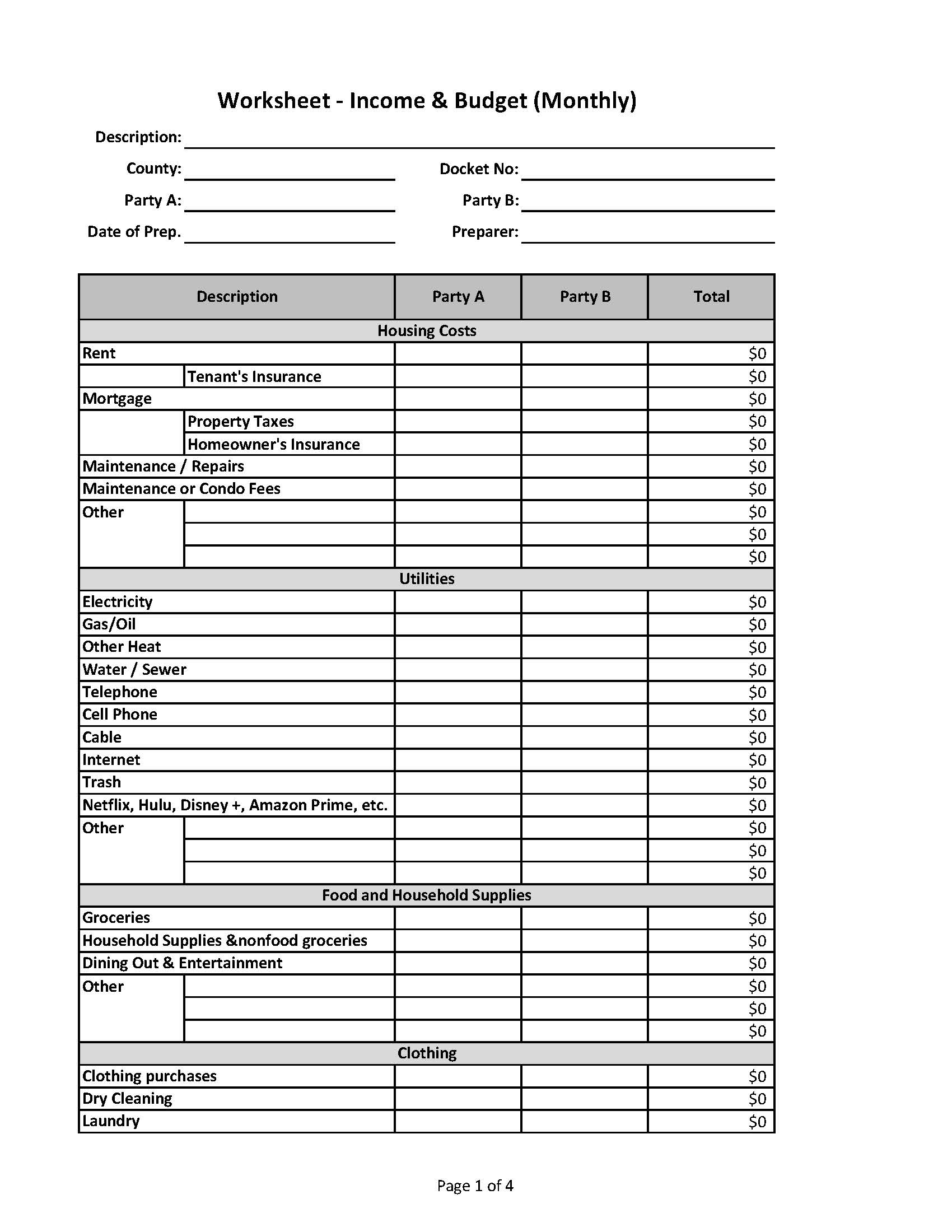 Divorce Budget Template