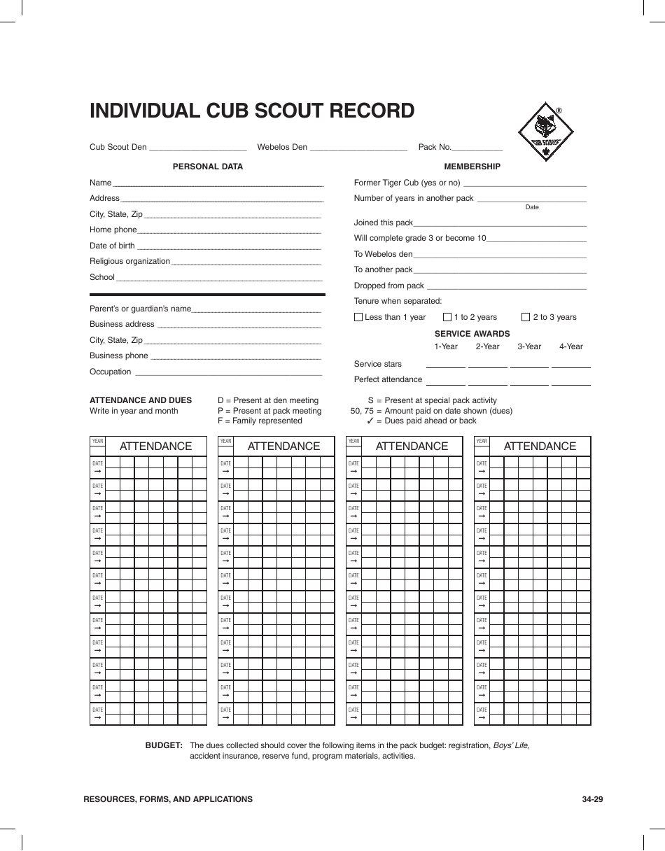 Individual Cub Scout Record Form Boy Scouts Of America Fill Out Sign Online And Download PDF Templateroller