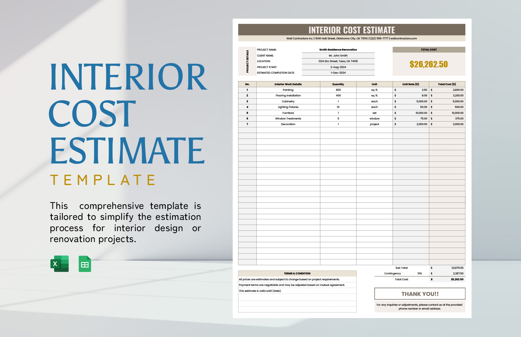 Interior Cost Estimate Template In Excel Google Sheets Download 