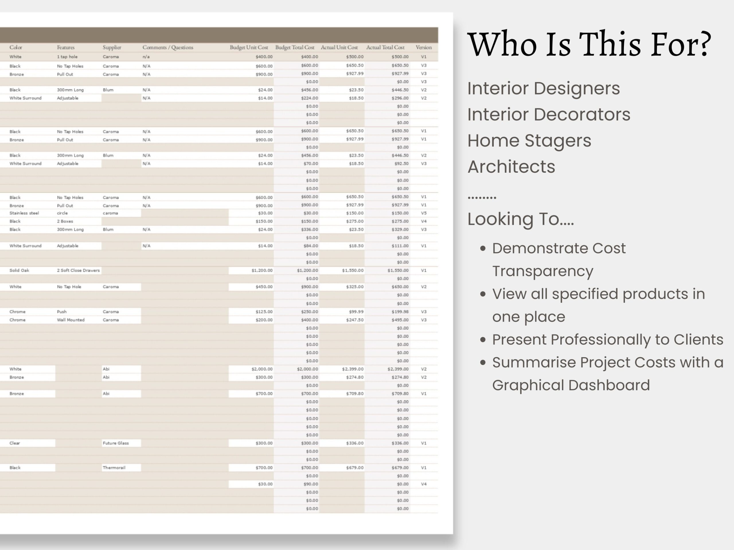 Interior Design FFu0026E Finishes Schedule Google Sheets Spreadsheet Project Management Budget Tracker Furniture Etsy