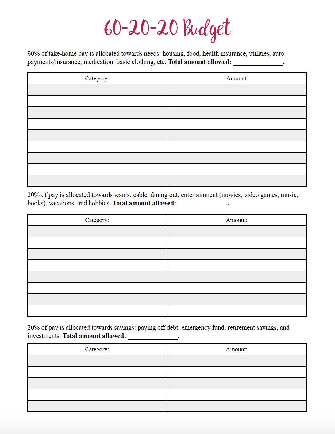 65 20 15 Budget Template