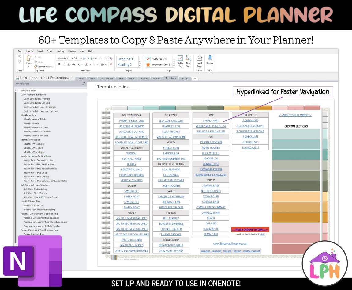 Life Compass OneNote Planner Hyperlinked 12 Month Undated Planner Boho